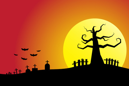 Halloween night background cemetery with full moon bloody skyのイラスト素材