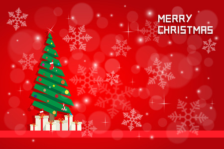 snow flake and chrismas tree with gift boxes on red backgoundのイラスト素材