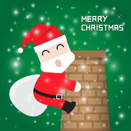 Santa Claus climbing chimney on green background with snowのイラスト素材