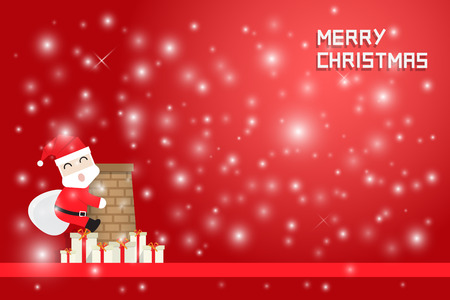 snow flake and santa claus climbing chimney with gift boxes on red backgroundのイラスト素材