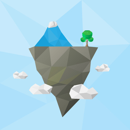 low poly floating island in the air with iceberg and treeのイラスト素材
