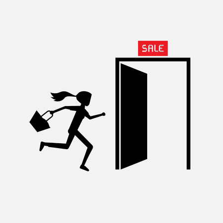 silhouette woman carry bag running to exit door rush out for sale promotionのイラスト素材