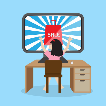 girl sitting infront desktop glad to see sale online sale promotionのイラスト素材