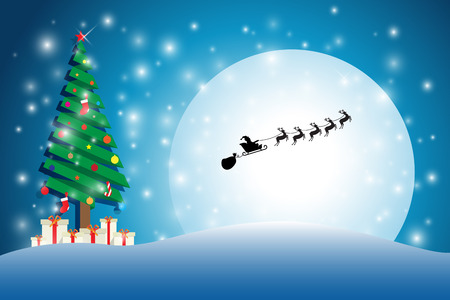 snow on Christmas tree with silhouette santa cluas ride reindeer sleigh blue backgroundのイラスト素材