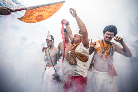 PHUKET, THAILAND - October18: Street procession around Phuket town in 2015 Phuket Vegetarian Festival  on October 18, 2015 in Phuket, Thailand, Street procession is the most spectacular event in festivalのeditorial素材