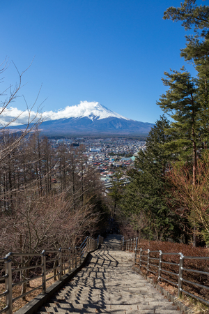 view of fuji mountain from step up way to Arakura Sengen Shrine Chureito pagodaの写真素材