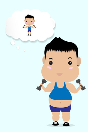 young fat boy work out to lose his weightのイラスト素材