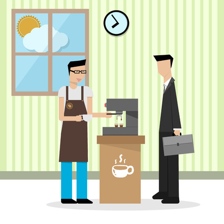 illustration of barista in apron preparing coffee for businessman in the morningのイラスト素材