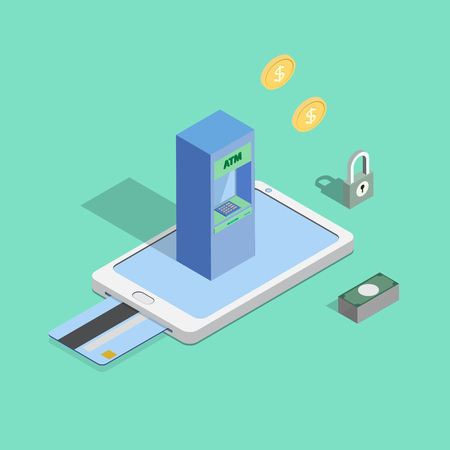 cash online or internet banking, e banking concepts. Automatic Teller Machine on smart phone isometric viewのイラスト素材