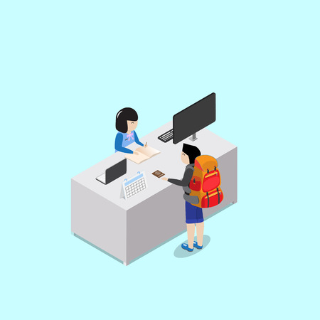 backpacker customer check in with receptionist at reception deskのイラスト素材