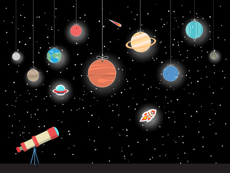 set of planets in solar system with telescope in space backgroundのイラスト素材
