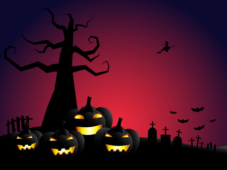 Halloween pumpkin  and dead tree in cemetery with bloody sky night backgroundのイラスト素材