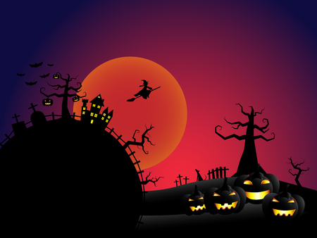 Halloween pumpkins and a witch flying out from dark castle with bloody Moon background, illustration.のイラスト素材