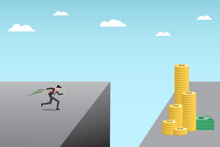 young businessman running with umbrella in hand to jump over a cliff for   moneyのイラスト素材