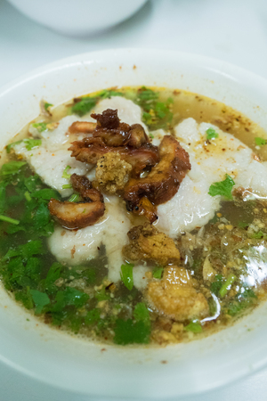 Egg noodle topping with red BBQ pork with soupの写真素材