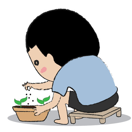 Illustration of young boy drop seeds for plantingのイラスト素材