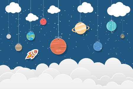 set of planets in Solar system hang on blue and star background : Mercury, Venus, Earth, Mars, Jupiter, Saturn, Uranus, Neptune, Pluto. Space illustrationsのイラスト素材