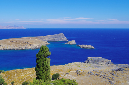 A view of the Mediterranean Sea and archaeological excavations on the island of Rhodes.の写真素材