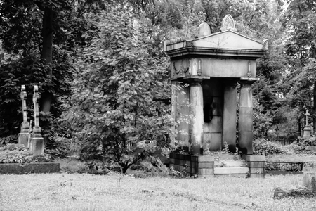 Old graves and vault in the abandoned cemetery. black and white.の写真素材