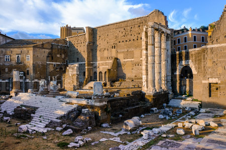 Beautiful evening view of the Roman Forums, ruins of Ancient Rome. Forum Romani.