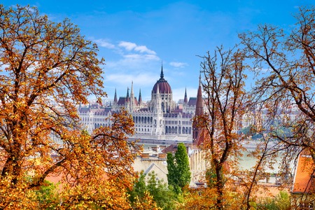 Autumn of Budapest, beautiful view of the Danube embankment and the Hungarian Parliamentのeditorial素材