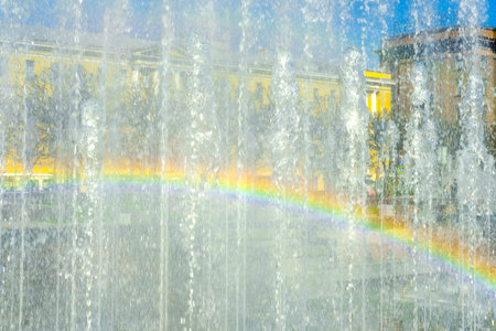 Rainbow on the transparent wall of fountain jets, Saint Petersburgの写真素材