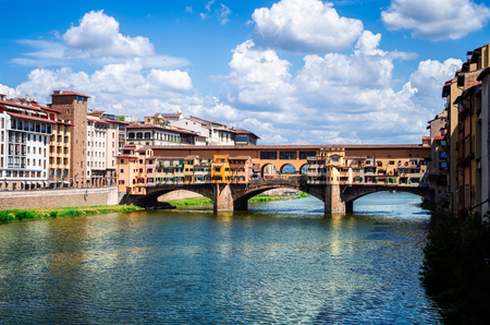 Florence or Firenze, panoramic view of the Arno River and the Ponte Vecchio Bridgeのeditorial素材
