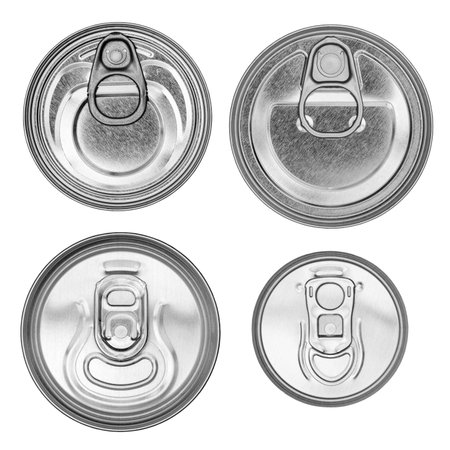 Set of four different tin cans, top view, close-up macro, isolated on white background, black and...
