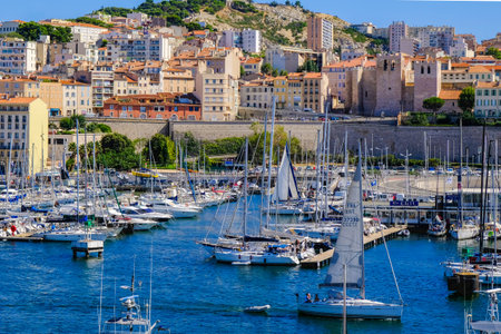 MARSEILLE, FRANCE - AUGUST 11, 2018 - Marseille embankment with yachts and boats in the Old Port and Notre Dame de la Garde., Vieux-Port de Marseille.のeditorial素材