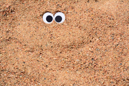 Googly eyes lying on the sea sand background. Close up.の写真素材