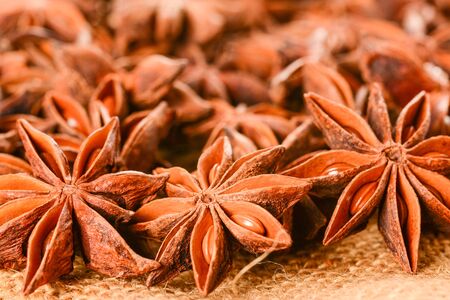 Star anise. Some star anise fruits with seeds 7. Macro close up on the jute burlap canvas.の写真素材