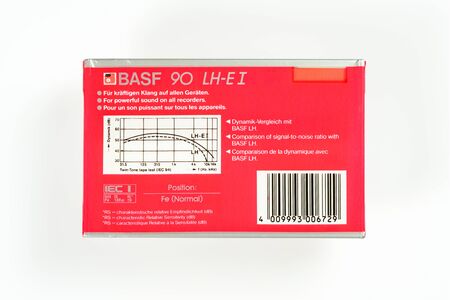 BREMEN, GERMANY - MAY 29, 2019: Sealed audio compact cassette BASF LH Extra I 90 red. Rare viantage audio cassette, back close-up view on white background.のeditorial素材