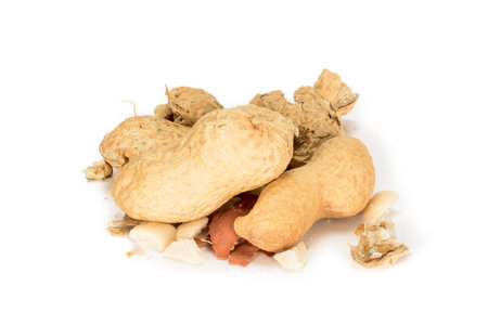 Peanuts. Two whole and one broken nuts by hammer isolated on white background. Peanut macro...