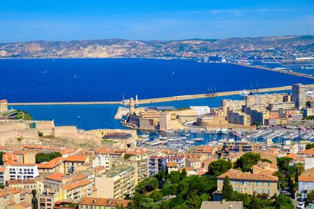 Panoramic view of the Old and New Ports of Marseille. Vieux-Port de Marseille, France.の写真素材