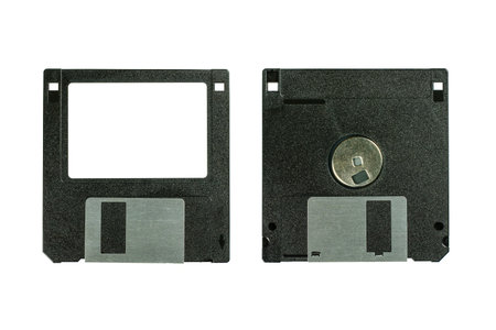 Floppy disk 3.5 inch isolated on white backround. Vintage computer diskette, front and back view...