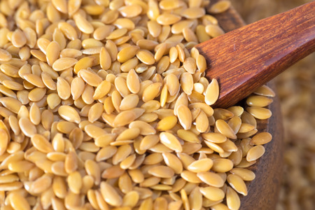 closeup golden flax seed or linseedの写真素材