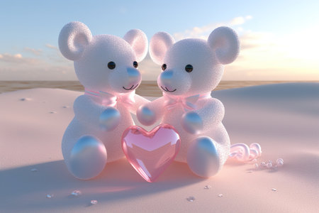 A cute couple pink teddy bear for love, valentine, or wedding design, a heart-shaped transparent bubble on the beachの素材