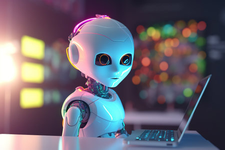 3D rendering of a female robot working on a laptop computer.の素材