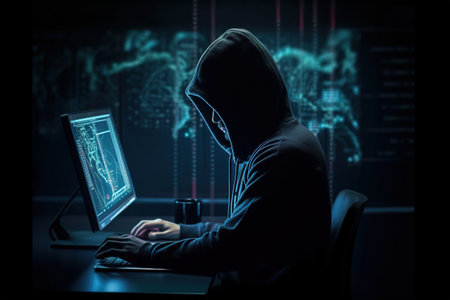 Hacker in hood stealing data from computer. Hacking concept.の素材