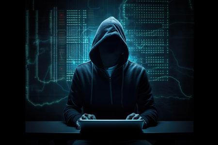 Hooded hacker using tablet computer in dark room with glowing forex chartの素材