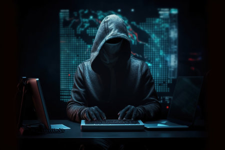 Hooded hacker stealing data from a laptop. Dark background.の素材
