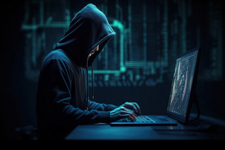 Hooded hacker stealing information from a laptop at night with a dark backgroundの素材