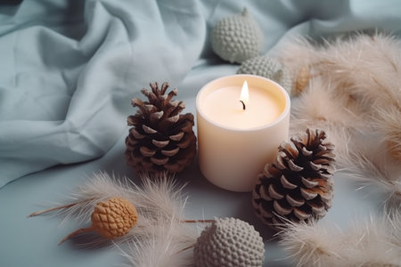 Burning candle and Christmas decorations on light blue background, closeupの素材