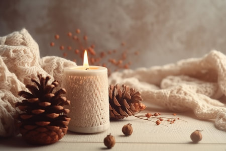 Christmas still life with burning candle, knitted scarf and cones on wooden tableの素材
