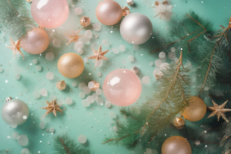 Christmas composition. Christmas decorations on pastel green background. Flat lay, top view, copy space.の素材