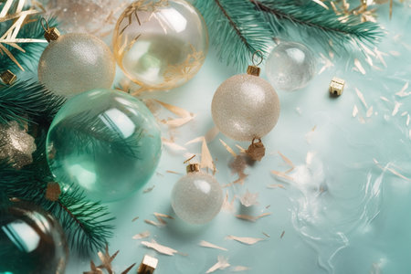 Christmas background with decorations and snowflakes. Top view with copy spaceの素材