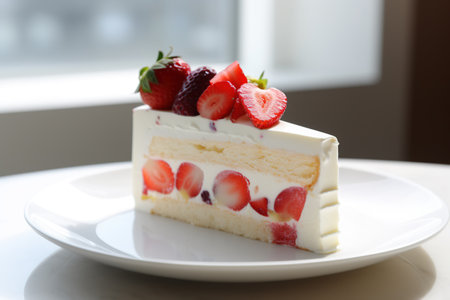 Strawberry cake on white plate, closeup. Delicious dessertの素材