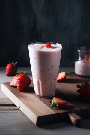 Strawberry milkshake with fresh berries on wooden board.の素材