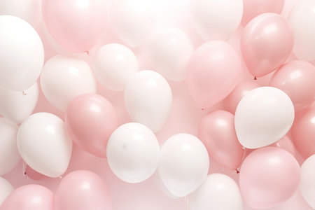 Pink and white balloons background. Flat lay, top view, copy spaceの素材