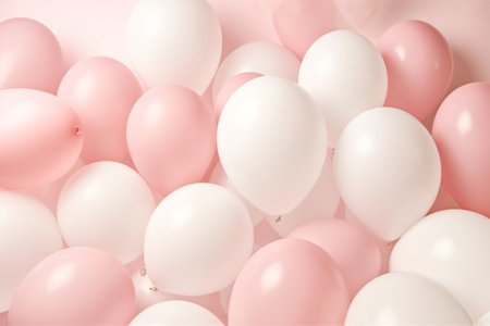 Pink and white balloons background. Flat lay, top view, copy spaceの素材